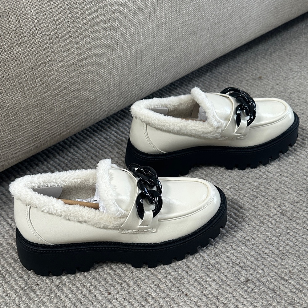 Dolce Vita White Loafers with Black Chain Detail